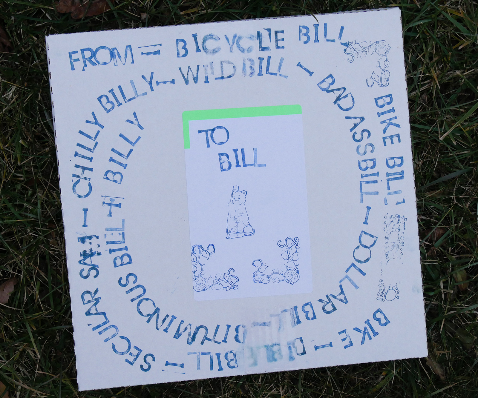 Bill's contribution to The Ultimate Stamp-Off Competition™ (decorating the shipping boxes for Bill's album). Note: He ran out of space for Brother Bill.