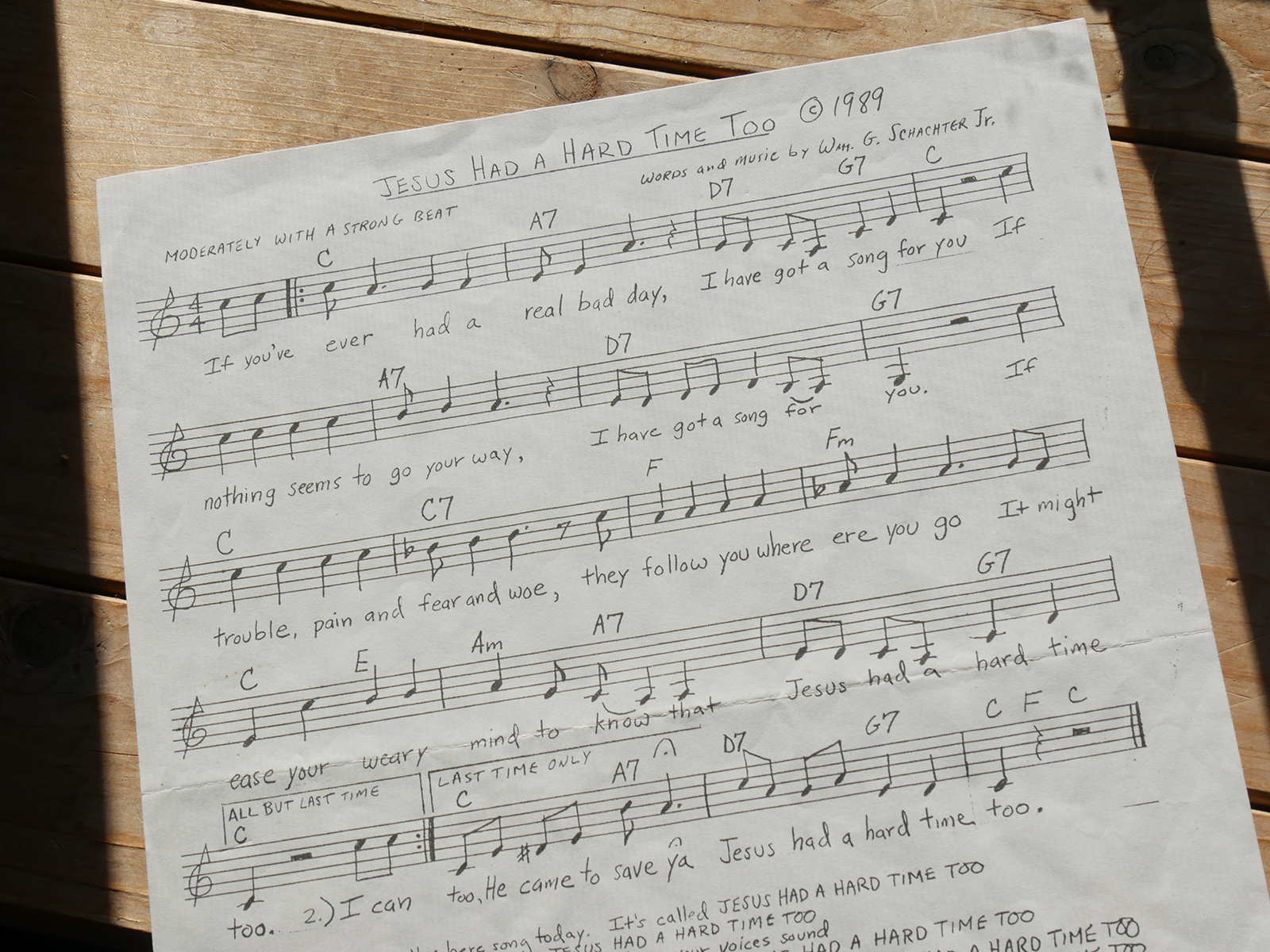 Handwritten sheet music & lyrics to Bible Bill's original tune – Jesus Had A Hard Time Too